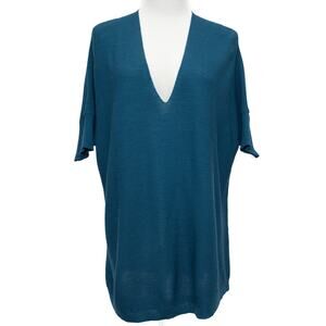 Eileen Fisher Blue V-Neck Wool Blend Lightweight Short Sleeve Sweater Size Large